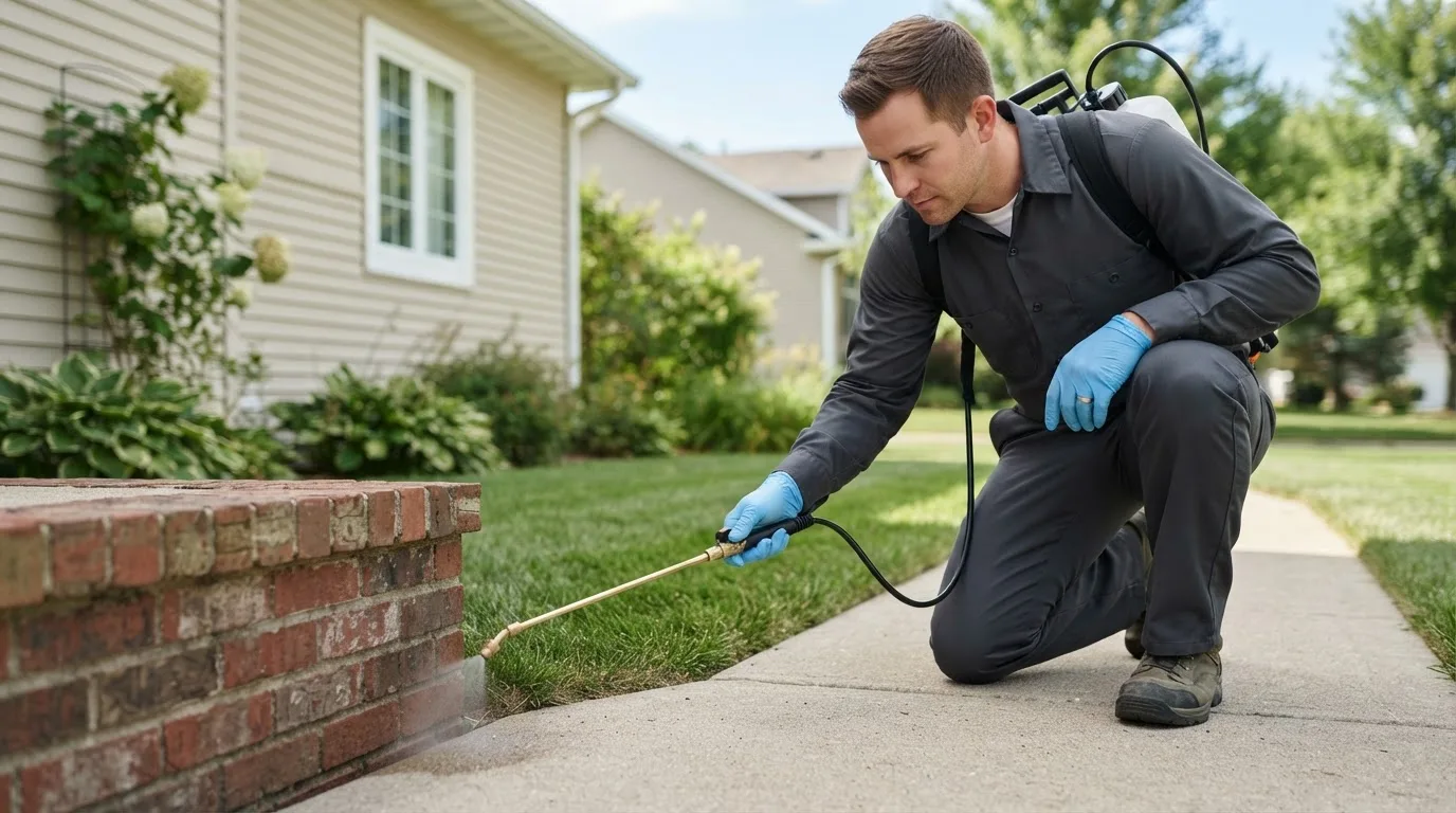 Pest control technician treating a home near Berlin, ND
